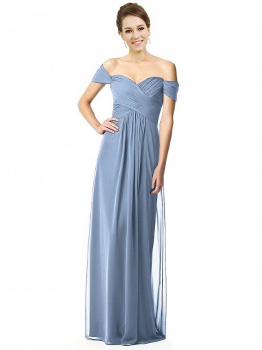 Cap Sleeves Off the Shoulder Soft Chiffon Dusty Blue Long Bridesmaid Dress Leicester