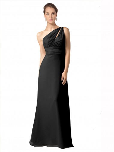 Sleeveless One Shoulder Soft Chiffon Black A-Line Long Bridesmaid Dress Leicester