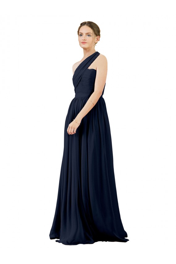 Sleeveless One Shoulder Chiffon Dark Navy Long Bridal Party Dress / Evening Dress Leicester