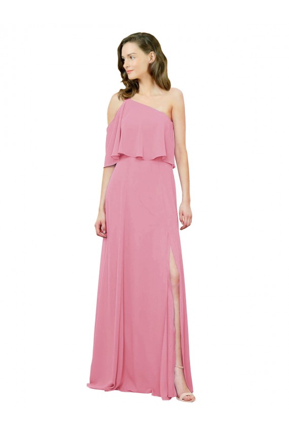 Sleeveless One Shoulder Soft Chiffon Skin Pink Long Bridal Party Dress Leicester