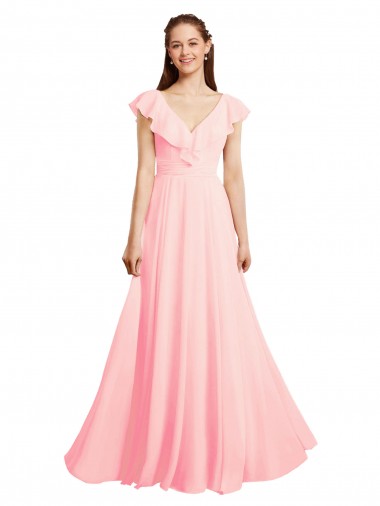 Cap Sleeves V-Neck Chiffon Pink Long Bridesmaid Dress / Evening Gowns Leicester