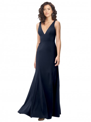 Sleeveless High Neck Stretch Crepe Dark Navy A-Line Long Formal Dress / Bridesmaid Dress Leicester