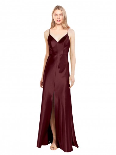Sleeveless V-Neck Stretch Satin Burgundy Gold Long Bridesmaid Dress / Evening Dress Leicester