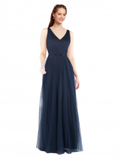Sleeveless V-Neck Tulle Dark Navy Long Bridesmaid Dress Leicester