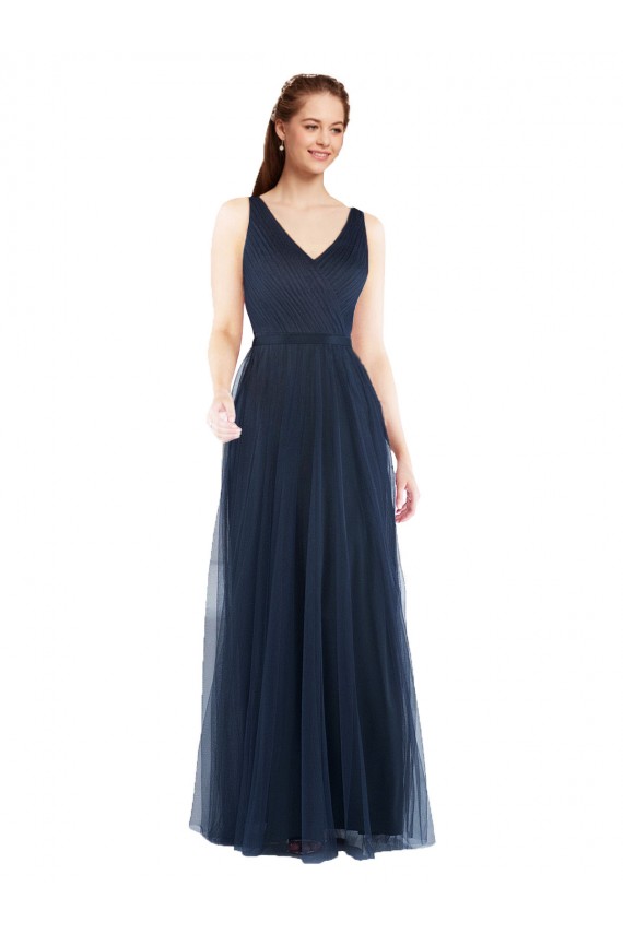 Sleeveless V-Neck Tulle Dark Navy Long Bridesmaid Dress Leicester