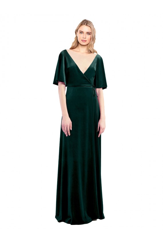 Flutter Sleeves V-Neck Stretch Velvet Dark Green Long Prom Dress / Bridesmaid Dress Leicester