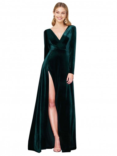 Long Sleeves V-Neck Stretch Velvet Dark Green Sweep Train Black Tie Evening Gown / Prom Dress / Bridesmaid Dress Leicester