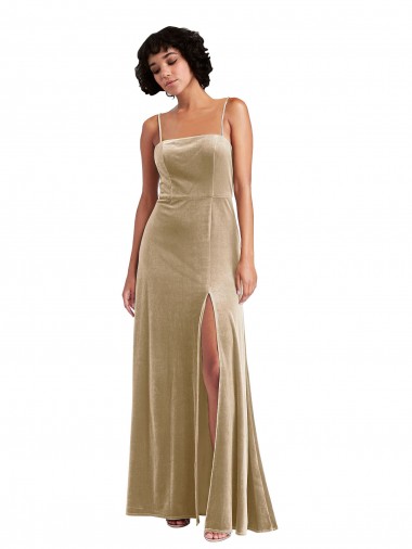 Sleeveless Square Neck Stretch Velvet Champagne Long Formal Evening Gown / Prom Dress / Bridesmaid Dress Leicester