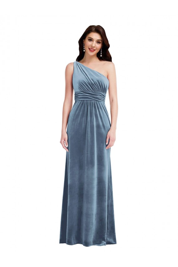 Sleeveless Off the Shoulder Stretch Velvet Dusty Blue Long Bridesmaid Dress / Evening Dress Leicester